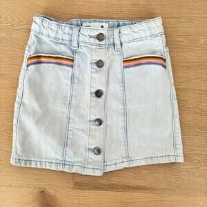 Cotton On Kids Denim Button Front Skirt with Rainbow Embroidered Pockets size 8